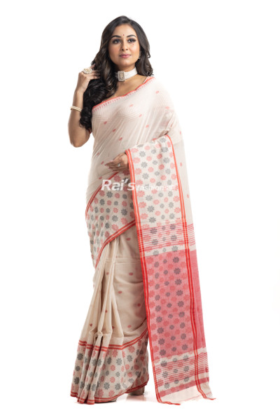 Off White Handloom Khadi Cotton Saree With Contrast Color Butta Work On All Over Base And Red Pallu With Butta Work (KR2214)